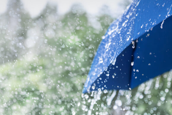 Blue,Umbrella,Under,Heavy,Rain,Against,Nature,Background.,Rainy,Weather